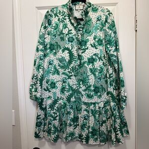 Tuckernuck Green & White Floral Ruffle Mini-Tunic Dress size Medium